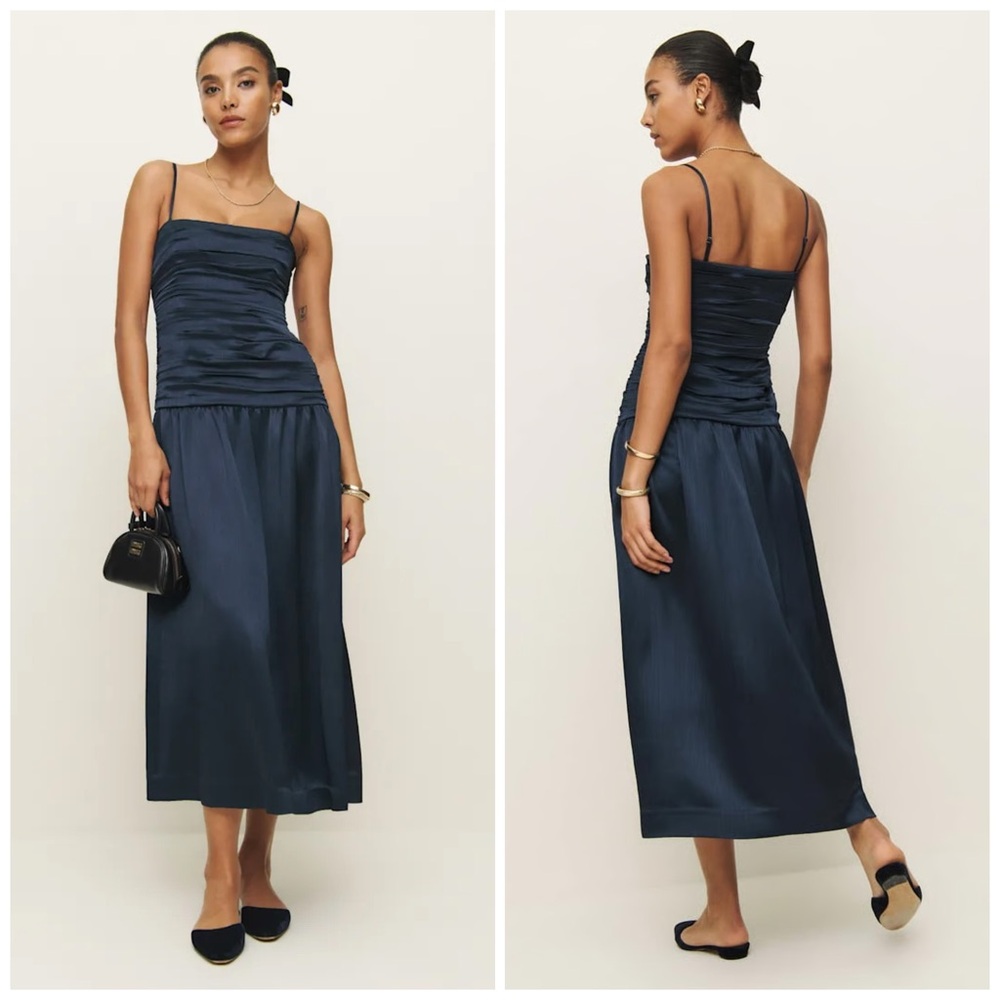 Reformation Navy Blue Ruched Midi Slip Dress